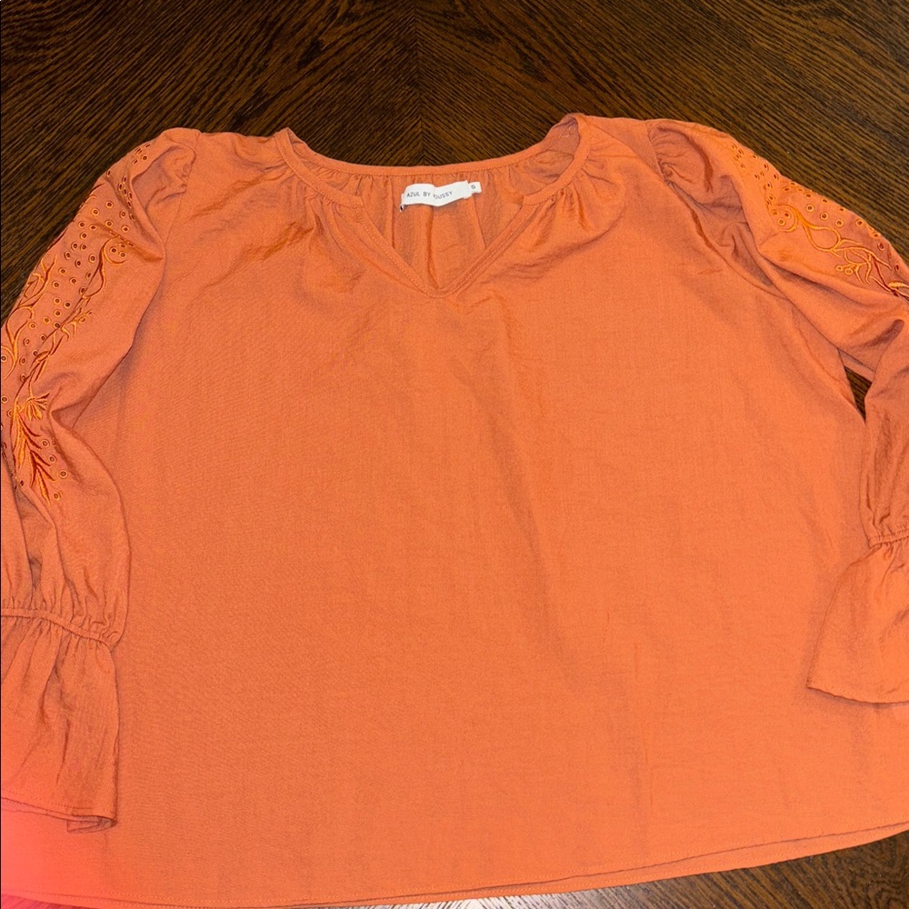 Orange Women’s Flounce Sleeve Embroidered Azul by Moussy V neck blouse Small
